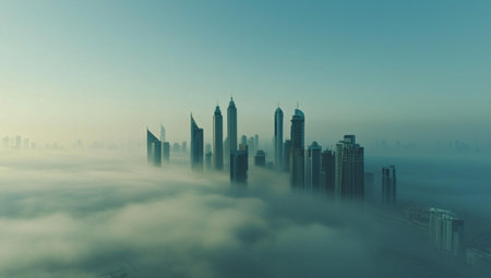 3d illustration of a foggy city with skyscrapers.の素材