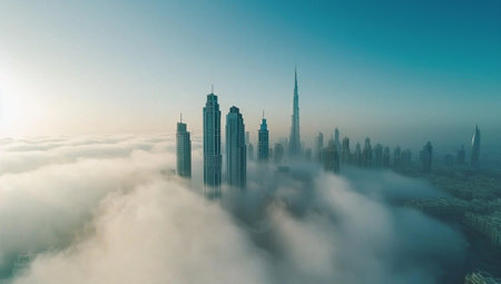 Aerial view of skyscrapers and high-rise buildings in the fogの素材