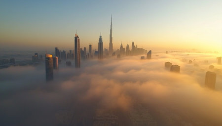 3d rendering of a beautiful panoramic view of a foggy cityの素材