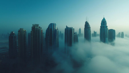 3d rendering of skyscrapers in a foggy morning.の素材