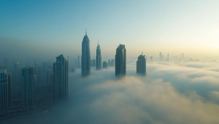 Aerial view of skyscrapers in a foggy morning.の素材