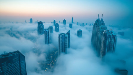 Foggy morning in Dubai, United Arab Emirates. UAE.の素材