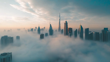 Aerial view of Kuala Lumpur skyline in the fog at sunrise.の素材