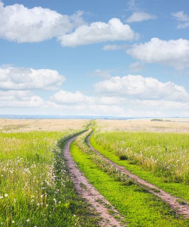 Road in meadow with green grass under blue skyの写真素材