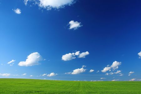 Green meadow blue sky and white cloudsの写真素材