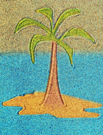 Abstract palm on island - drawing on sandの写真素材