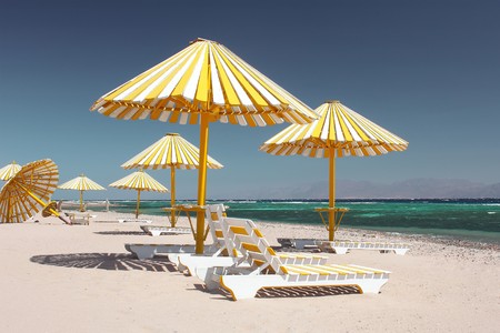 Umbrellas with chairs on beach under blue skyの写真素材