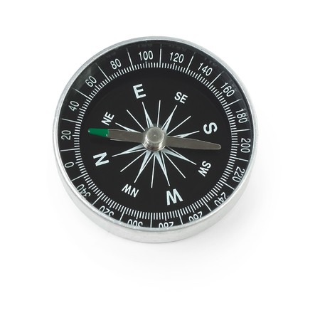 Black compass with white marks and green arrow isolated on whiteの写真素材