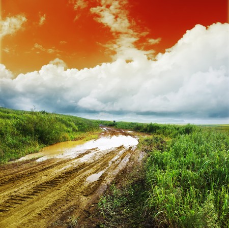 Wet dirty road after strong rainの写真素材