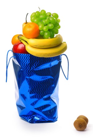 Bag with fruits isolated on white backgroundの写真素材