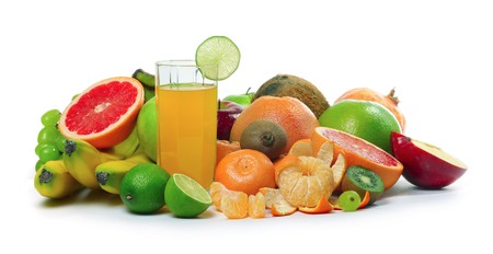 Tropical fruits over whiteの写真素材