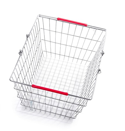 Empty metal basket isolated over white backgroundの写真素材