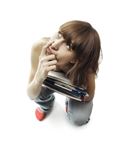 Young woman with heap of papersの写真素材