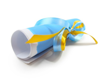 Roll paper letter with ribbons on whiteの写真素材