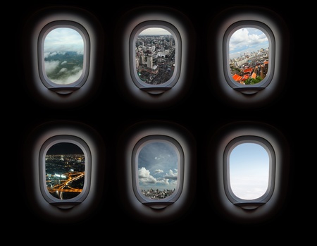 Group of plane windows with different viewsの写真素材