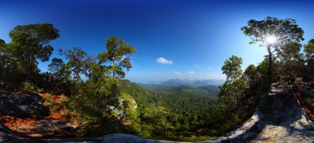 Panorama of a tropical forest with limestone mountains in a valley belowの写真素材