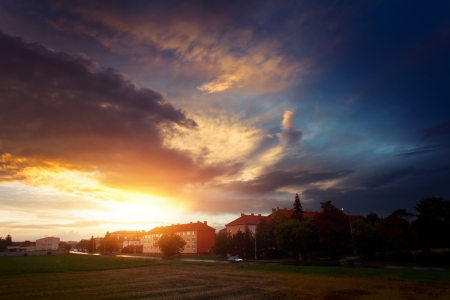 Suburb of Prostejov town at twilight. Czhech Republicの写真素材