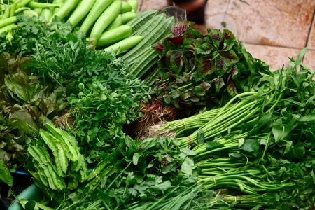 Abundance of raw products on asian traditional marketの写真素材