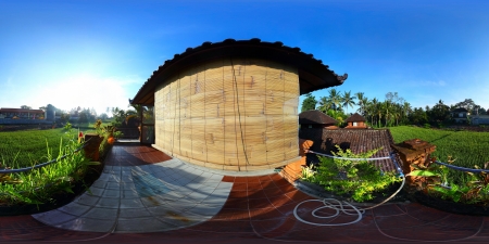 Spherical, 360 degrees panorama (equirectangular projection) of a balcony of traditional house, Bali, Indonesiaの写真素材