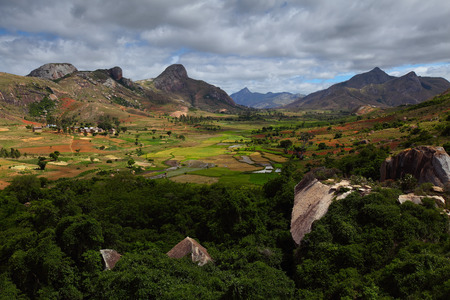 Green valley with rice fields and mountains with rocks. Madagascarの写真素材