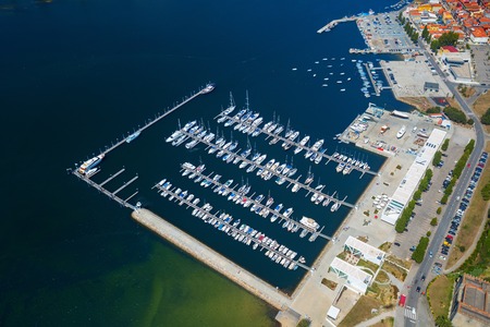 Aerial view of the dock full of yachts on the river of Douro in the city of Portoの写真素材