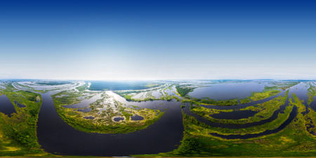 Aerial seamless 360 degree panorama of the river's valley with lots of islets. River of Kama, Russiaの写真素材