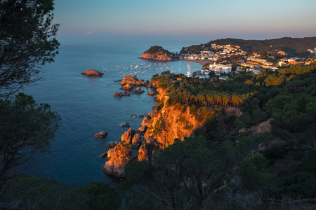 Town of the Tossa de Mar at sunrise, Spainの写真素材