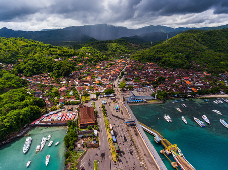 Town of Padang Bai aerial view. Island of Bali, Indonesiaの写真素材