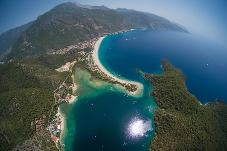 Aerial view of the beach of Oludeniz and Blue Lagoon, Fethiye, Turkeyの写真素材