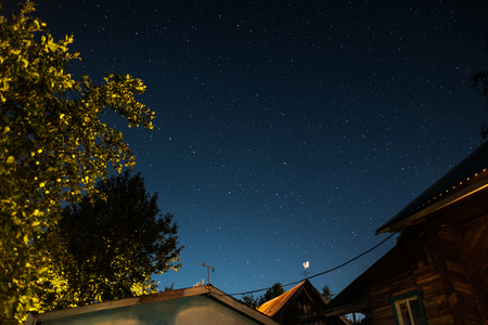 Starry sky and buildings and treesの写真素材