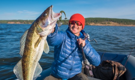 Happy angler holds fish Zander (Sander lucioperca) with river on the backgoundの写真素材