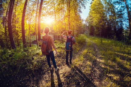 Two ladies walking on a road in a forest at sunny dayの写真素材