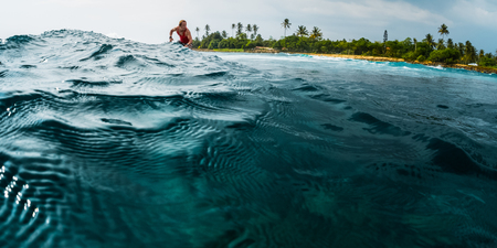 Surfer rides the ocean wave with palm trees on the backgroundの写真素材