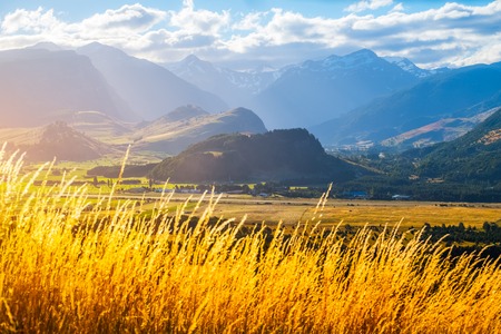 Valley with mountains near the city of Cohyaique. Chileの写真素材