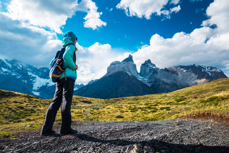 Hiker on the trail in Torres del Paine National Park, Chileの写真素材