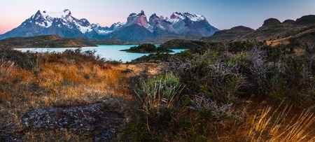 Mountains with blue lake and wild herbs on the foreground. Torres del Paine National Park. Chileの写真素材