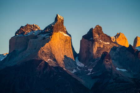 Cuernos Towers during sunrise. Torres del Paine National Park, Chileの写真素材