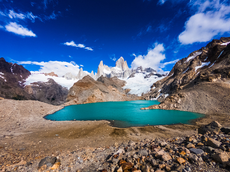 Blue lake and mountain Fitz Roy, Argentina.の写真素材