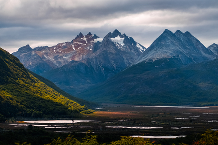 Mountains and valley near the city of Ushuaia, Tierra del Fuego, Argentinaの写真素材