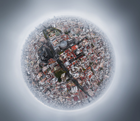 Aerial panorama in a form of a little planet of the city of Buenos Aires at a rainy day, Argentina. Area of the city near Congreso.の写真素材
