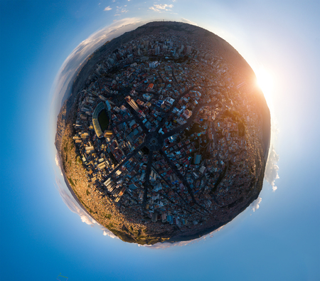 Little planet panorama of the city of La Paz during sunset. Boliviaの写真素材