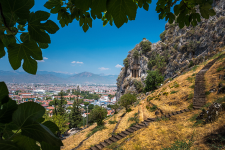 Amyntas rock tombs - 4th BC tombs carved in steep cliff. City of Fethiye, Turkey.の写真素材