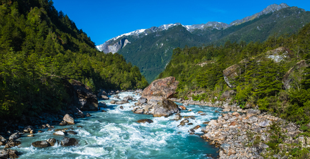 Rapid river with in Patagonian mountains, Chileの写真素材