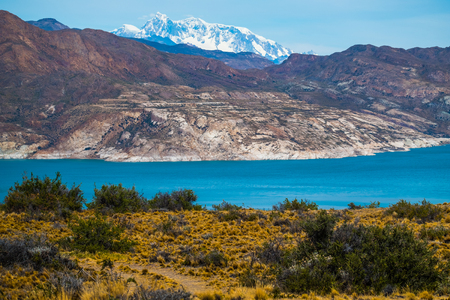 Blue lake and mountains with snow. Patagonia, Argentinaの写真素材
