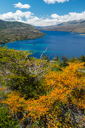 Lake of Cochrane with clear blue water during sunny day. Patagonia, Chileの写真素材