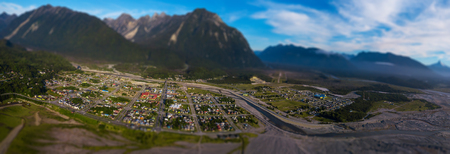Aerial view of the city of Chaiten with tilt shift effect applied, Chileの写真素材