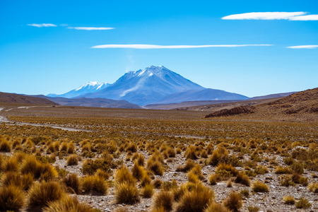 Mountain and lenticular clouds at a desert in south of Boliviaの写真素材