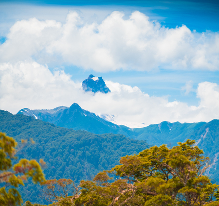 Snow capped mountain covered with clouds and lush trees on the foreground. Patagonia, Chileの写真素材