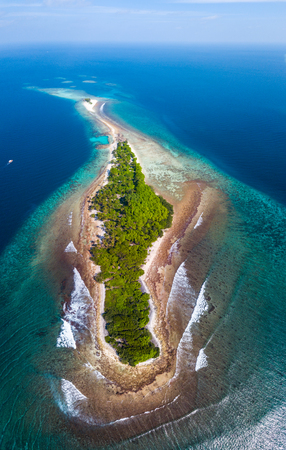Aerial view of the island of Thanburudhoo with clear tropical water, lush greeery and waves breaking over coral reef. Island is a home for surf spots named Sultans (righhander) and Honkeys (lefthander). Maldives.の写真素材