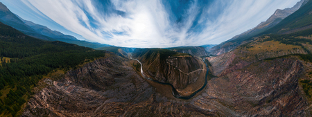 Aerial panorama of the Katu Yaryk mountain pass and the valley of the river of Chulyshman. Altai Republic, Russiaの写真素材
